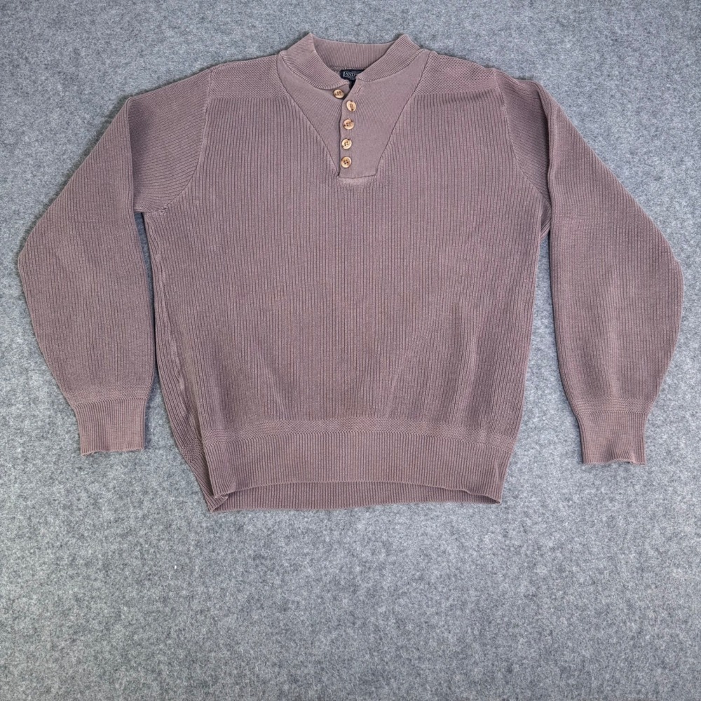 Vintage 80s Lands End Henley Sweater Mens L Taupe Ribbed Knit 100% Cotton USA